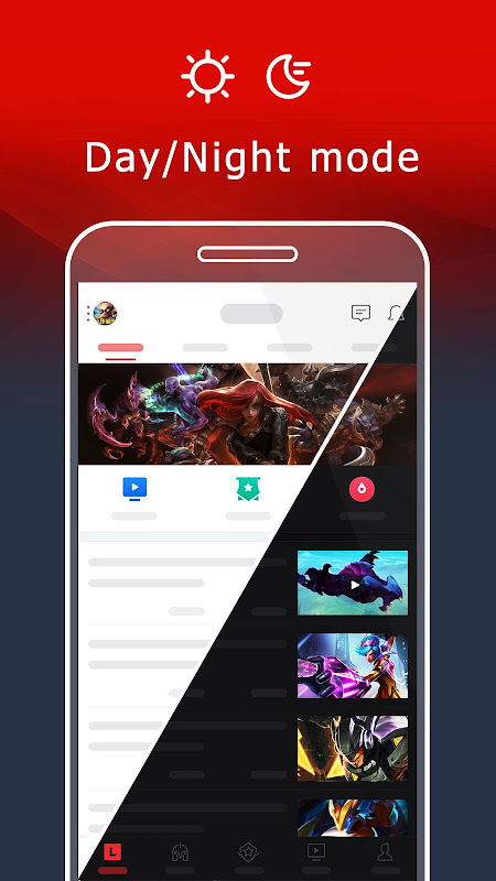 Garena App 的日夜模式对比，同一资讯流在浅色与深色下的显示效果