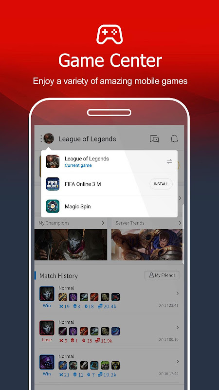 Garena App 的游戏切换器，展示当前游戏、可安装游戏与 Magic Spin 入口