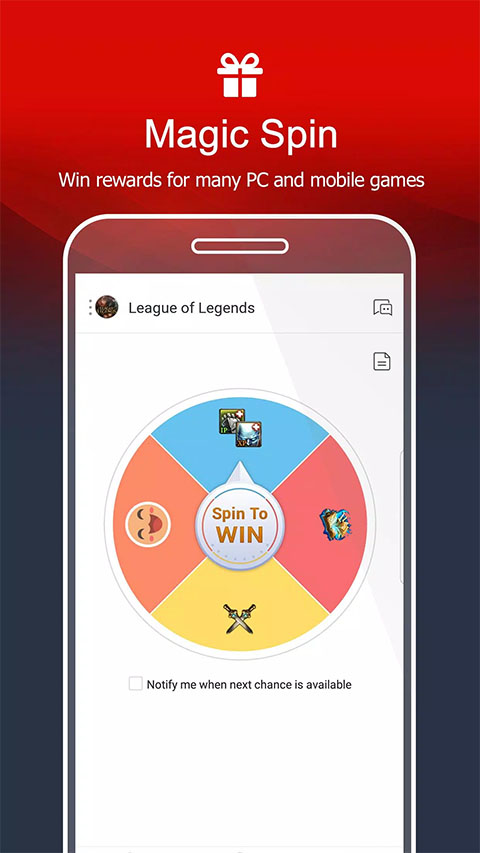 Garena App 的 Magic Spin 转盘界面，Spin To WIN 指针与奖品格